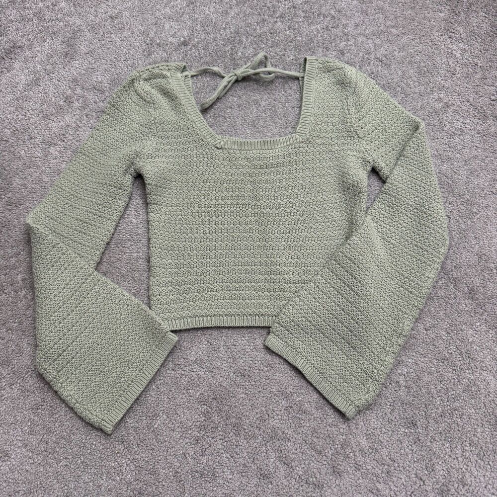 Hollister Open Knit Crop Sweater Womens Medium Sage Green Bell Sleeve Tie Back